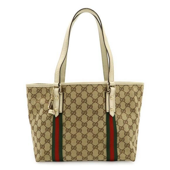 Gucci Handbags - Gucci GG Canvas Sherry Line Tote Bag Shoulder Bag Leather Beige Ivory With